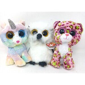 3 Ty Silk Beanie Boos Lot Plush Heather Austin Lainey, Unicorn Owl Cat #S1